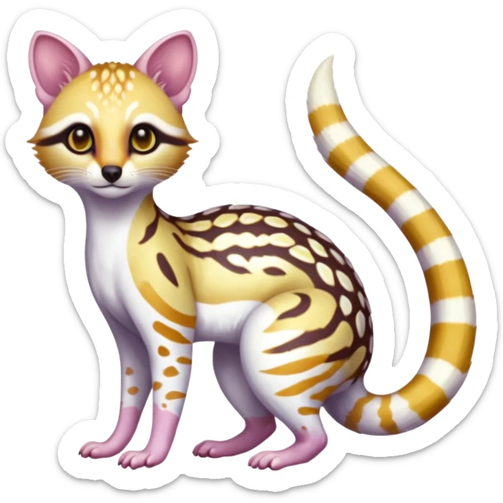 Iridescent white albino colorful fruity blingy crystalline Genet-Numbat-Ocelot-Tanuki-Cheetah-Ocicat-hybrid-fusion, full body sticker