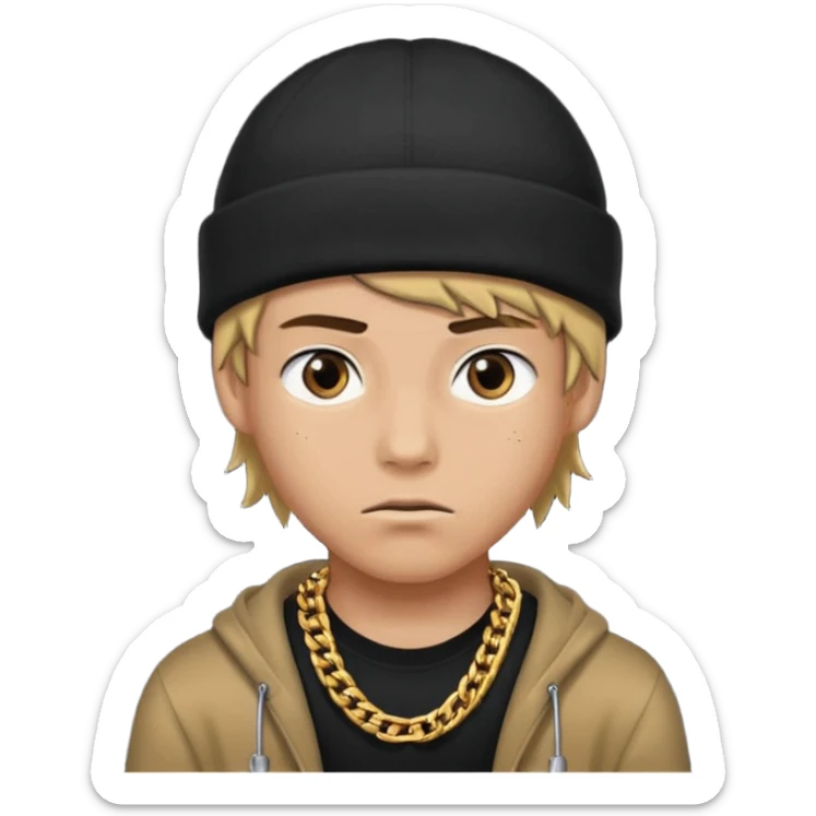 Create an Apple style emoji of a young man wearing a black beanie and a thick chain, with a serious expression. No text. sticker
