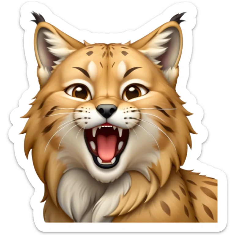 Cinematic-detailed-Yawning-Lynx-Portrait-Emoji – Head tilted slightly with a dramatic, wide-open yawn, revealing a sleek golden-brown fur coat with subtle spots, signature black ear tufts standing tall, round amber eyes barely open in drowsy contentment zoomed out to show the shoulders sticker
