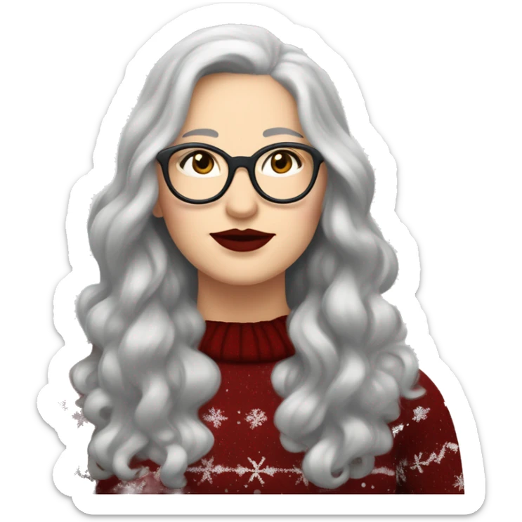 Attractive Caucasian woman with long grey hair, wearing wire frame glasses, dark red lipstick, and a christmas sweater, she has a chubby face but isn't fat sticker