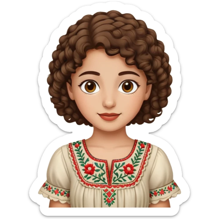 Palestinian girl emoji style, cheerful, short curly brown hair, traditional embroidered dress, subtle background sticker