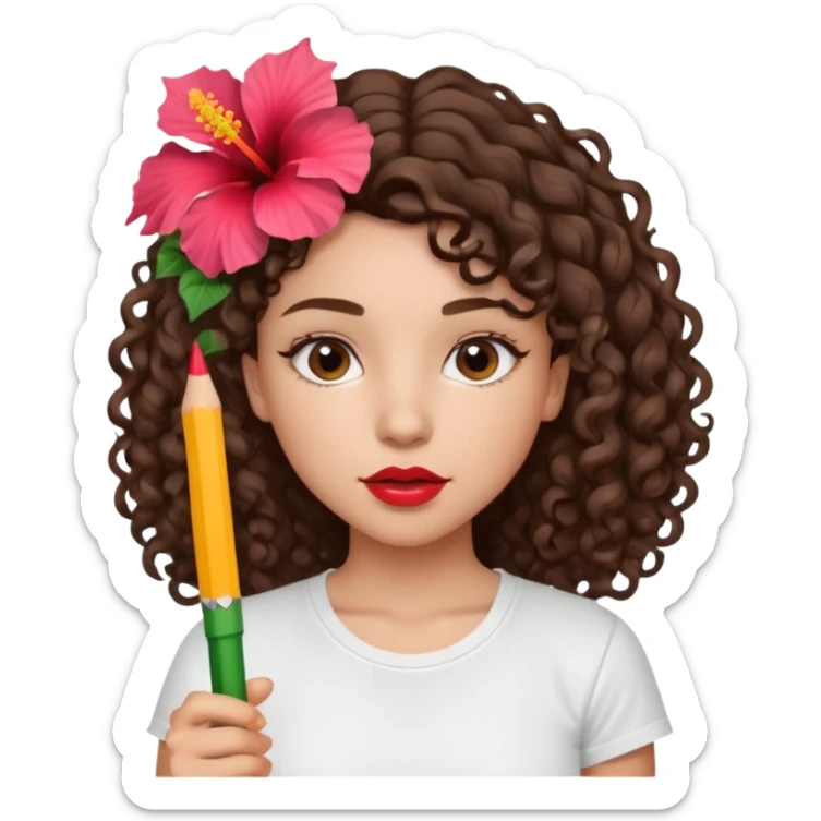 A brunette girl turned to the left side with curly hair with a hibiscus on her hair on her lips she has a brown pencil outline with gloss over it with a white t-shirt  sticker