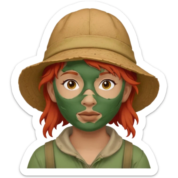 messy green full face clay mask and tourist hat red hair  sticker