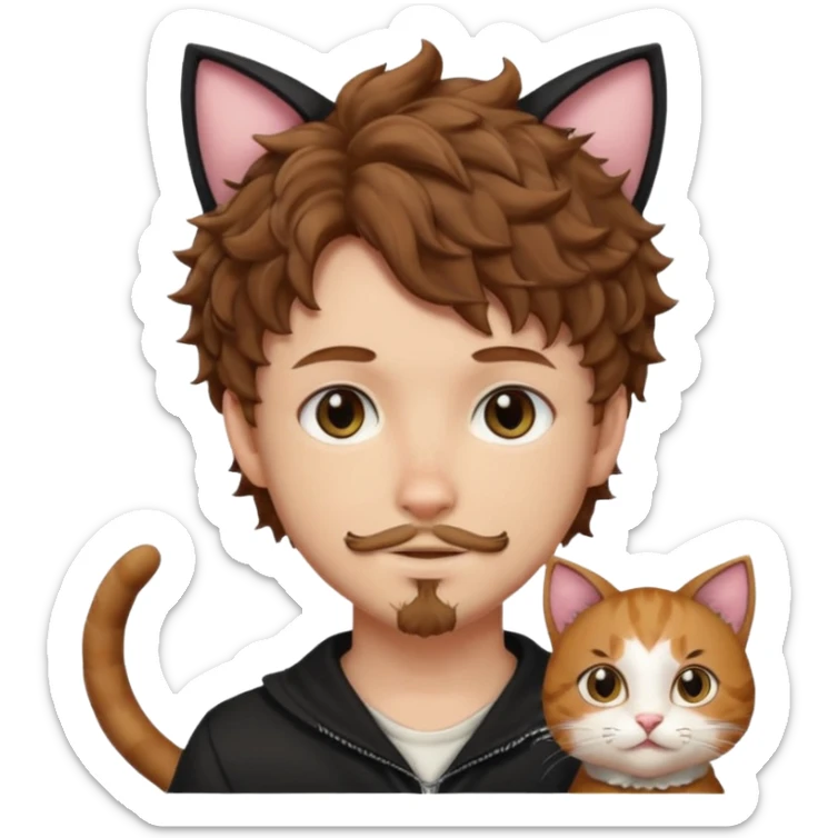 white boy with cat tail with goatee hair and cat ears with brown hair and anime features woth curly hair  sticker