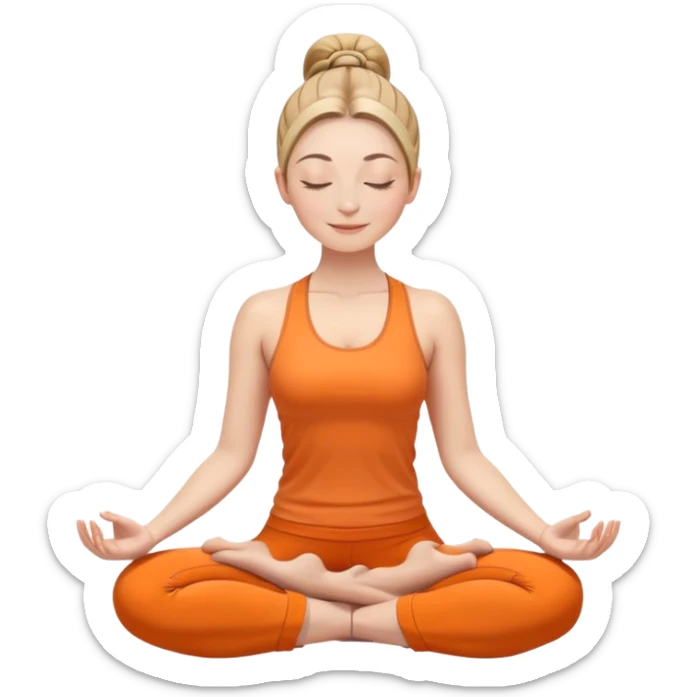white woman with ponytail hairstyle in lotus position meditation yoga pose, closed eyes with a gentle smile, wearing orange yoga outfit sticker