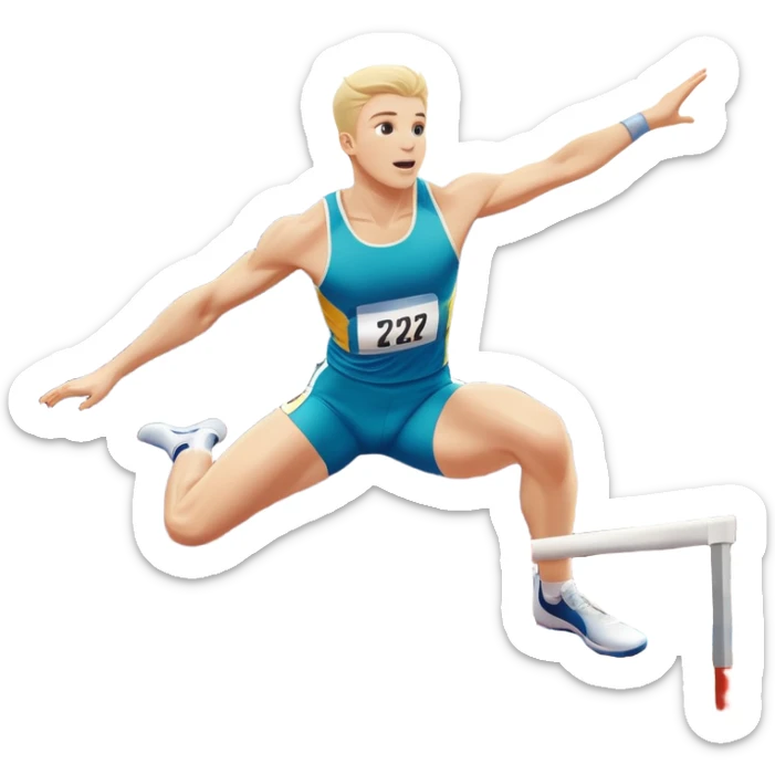 An icon of an white-skined athlete soaring over a hurdle, mid-jump, with a powerful form. The background features a vibrant stadium, with the track and hurdles in sharp focus, and a cheering crowd along the stands. The motion of the jump emphasizes speed and agility. Transparent background. sticker