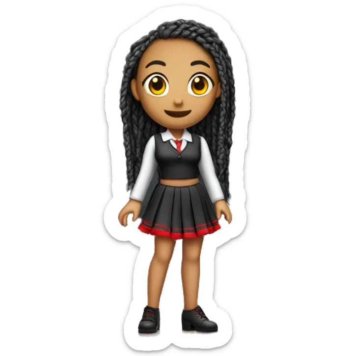 Show me a teacher in heels with a long mini skirt with red braids on standing up black  sticker