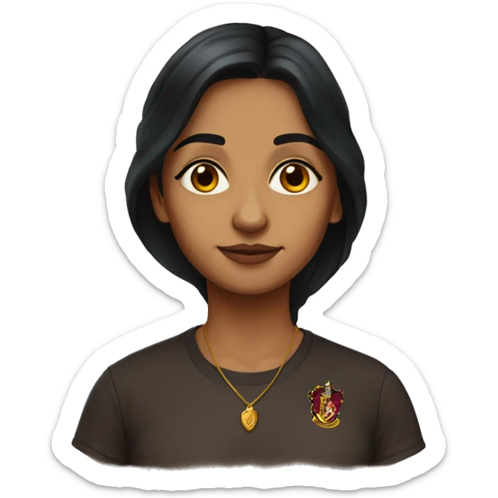 indian woman with long dark hair, brown eyes, and a harry potter t-shirt sticker