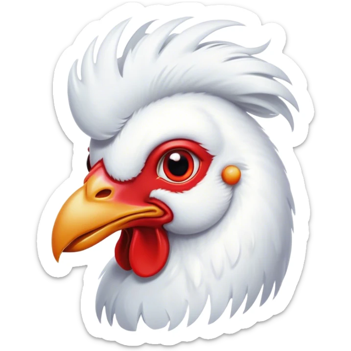 Cinematic Cute White Rooster Portrait Emoji, Head tilted playfully and inquisitively, featuring a glossy, immaculate white plumage with a vibrant red comb, round, sparkling eyes filled with curiosity, Simplified yet irresistibly adorable features, highly detailed, glowing with a warm, friendly glow, high shine, affectionate and spirited, stylized with a touch of farmyard whimsy, bright and endearing, soft glowing outline, capturing the essence of a mischievous yet loving rooster, so playful it feels like it could strut out of the screen and into your arms! sticker