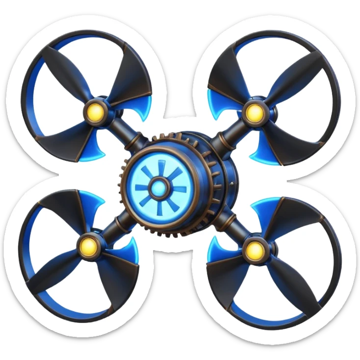 A Discord emoji of a black iron mechanical propeller or anchor with glowing blue energy lines. Steampunk-gothic fusion, high visibility, white background. sticker