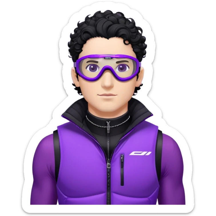 male athlete with white skin and moderately curly black hair on top with shaved sides, wearing ski goggles with purple frames and very dark black lenses, a simple plain black chain necklace, and a completely unzipped/wide open shiny purple vest fully revealing his chest and abs, no earrings sticker