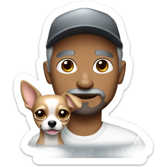 blue eyed man with gray hair and goatee wearing ball cap holding chihuahua with long black hair sticker
