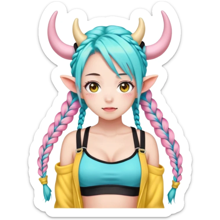 En anime-jente med to rosa lange tykke fletter og cyan striper i håret, ku-horn og ku-ører, sort BH-topp over en gul cropped-fleece-blouse sticker