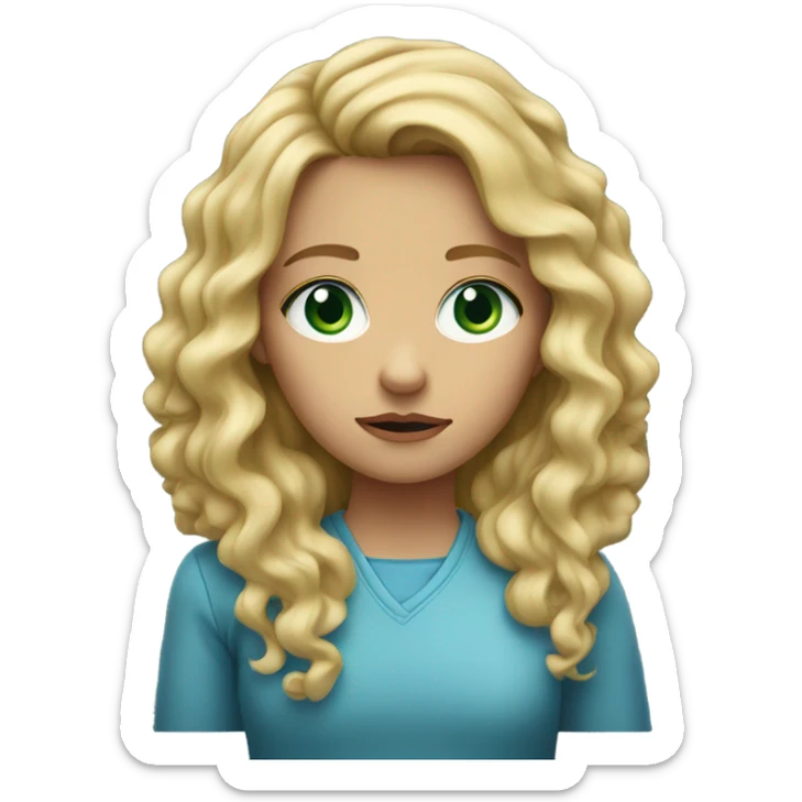 A girl with a very concerned face with long blond curly hair and green blue eyes sticker