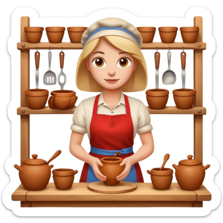 cartoon Apple iOS emoji style woman, pastel colors, Chilean wooden kitchen background, clay pots, warm light, detailed and clean vector art sticker
