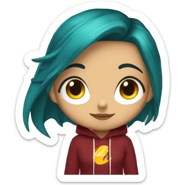 Lady with brunette and blue hair, gold, green dragon wings, maroon hoodie, black and gold Nike t shirt, and bright red eyes sticker
