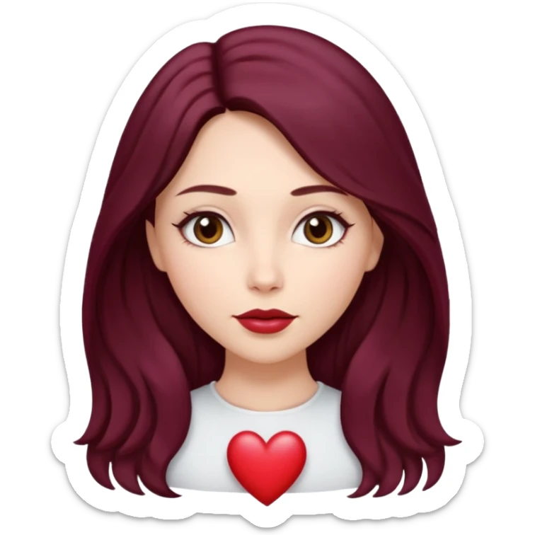 young white woman 
brown almond eyes
heart shaped lips
Long waist-long hair, center parted
slightly wavy
dark burgundy hair\ sticker