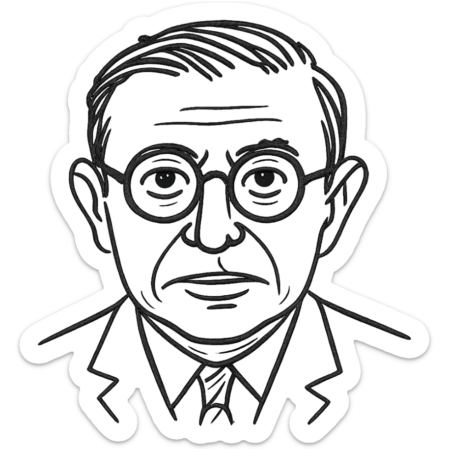 a hand drawn black outline portrait of Jean-Paul Sartre with similar-sized eyes based a famous portrait of him sticker