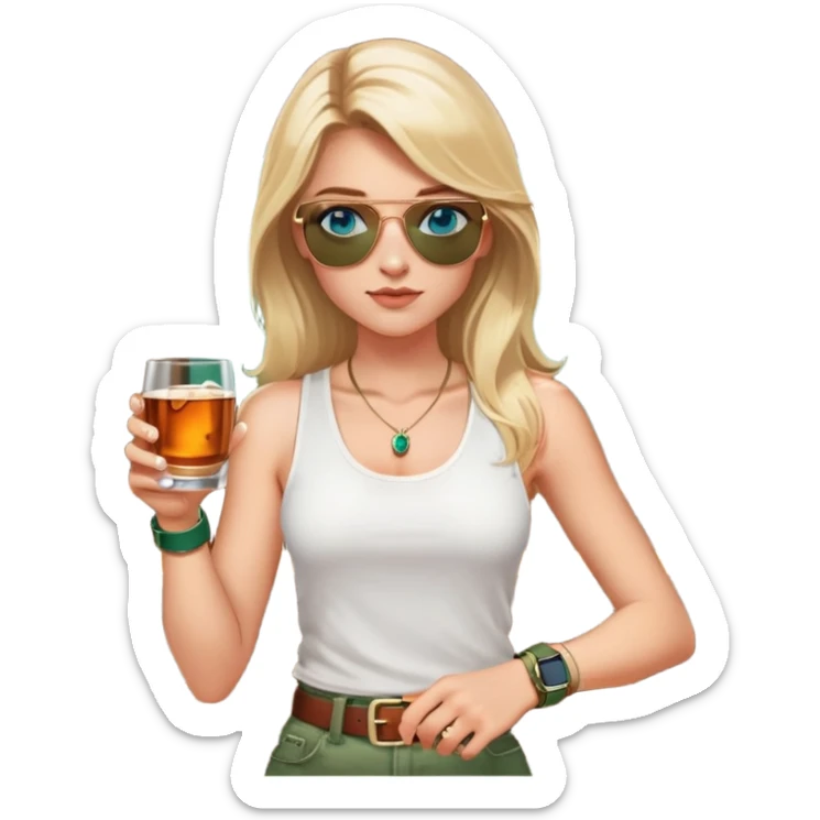 girl with long blond hair
with blue eyes
and aviator sunglasses
wearing white tank top 
holding a glass of whiskey 
wearing (rose gold apple watch with forest green band) sticker