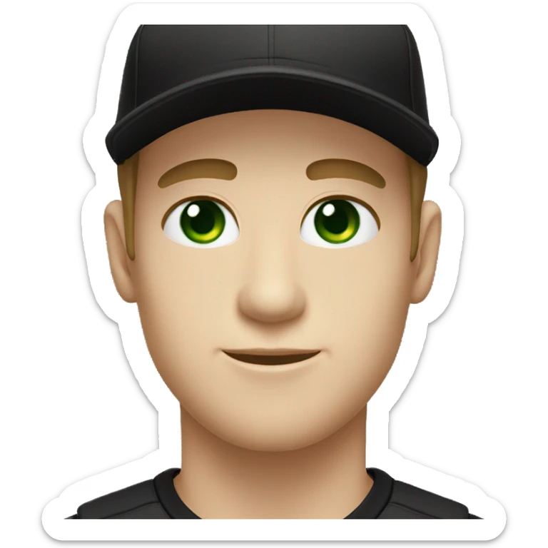 Green eyes white skin male wearing a black t-shirt & black baseball cap  sticker