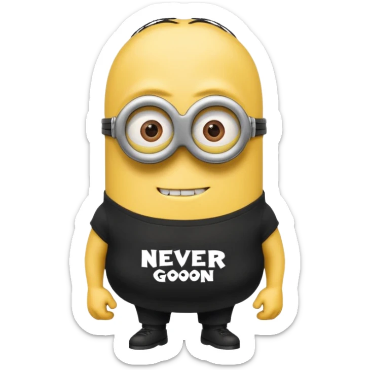 A buff minion wearing a black t shirt top with the words “never GOON” on the shirts chest area sticker