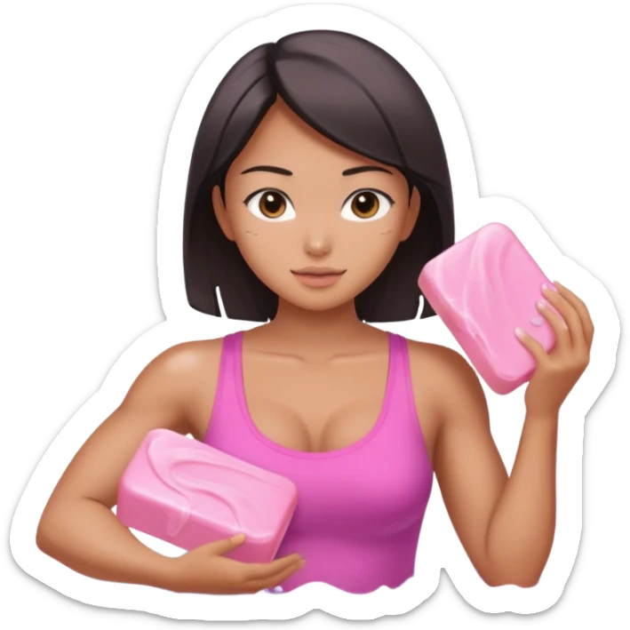sexy and muscled tanned asian girl, washing room with pink soap sticker