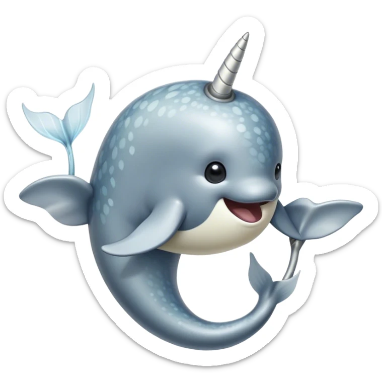 Cinematic Noble Cute Narwhal Portrait Emoji, Poised and graceful, with a streamlined, gently curved body clad in mottled, silvery-gray skin, accented by a long, spiraled ivory tusk and wide, expressive eyes radiating playful intelligence, Simplified yet sharp and sophisticated features, highly detailed, glowing with a cool, frosted ocean glow, high shine, intelligent and enigmatic, stylized with an air of whimsical marine majesty, focused and graceful, soft glowing outline, capturing the essence of a watchful and confident cute narwhal that appears ready to glide out of the screen with effortless charm! sticker
