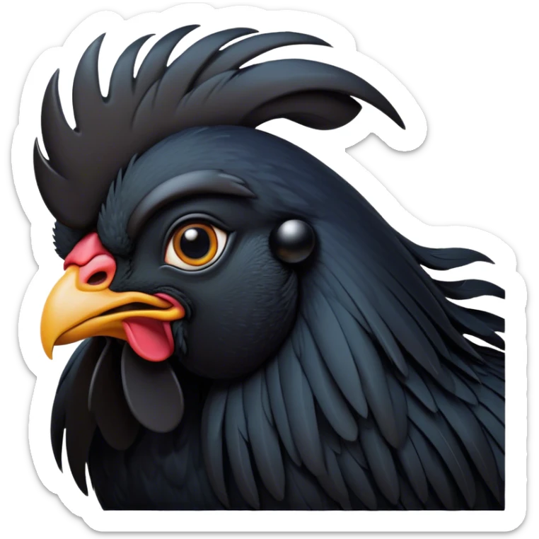 Cinematic Noble Black Rooster Portrait Emoji, Poised and regal, with a robust, commanding build and a sleek, well-groomed pure black plumage, deep-set soulful piercing eyes, Simplified yet sharp and sophisticated features, highly detailed, glowing with a soft, dignified glow, high shine, intelligent and proud, stylized with an air of mysterious majesty, focused and attentive, soft glowing outline, capturing the essence of a watchful and confident leader, so majestic it feels as though it could crow out of the screen with effortless authority! sticker