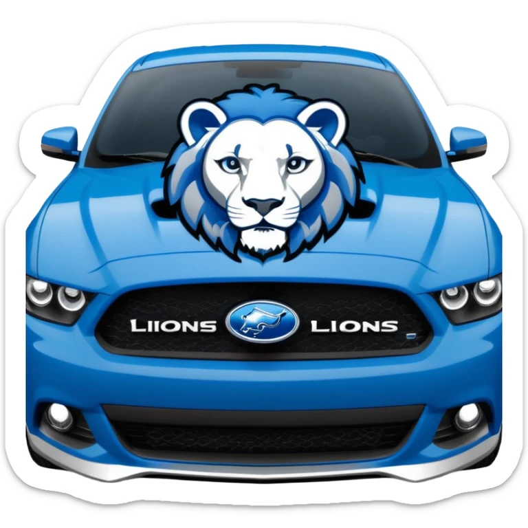 Detroit Lions themed Ford car emoji, blue and silver colors, roaring lion emblem on the hood, sporty and bold style sticker