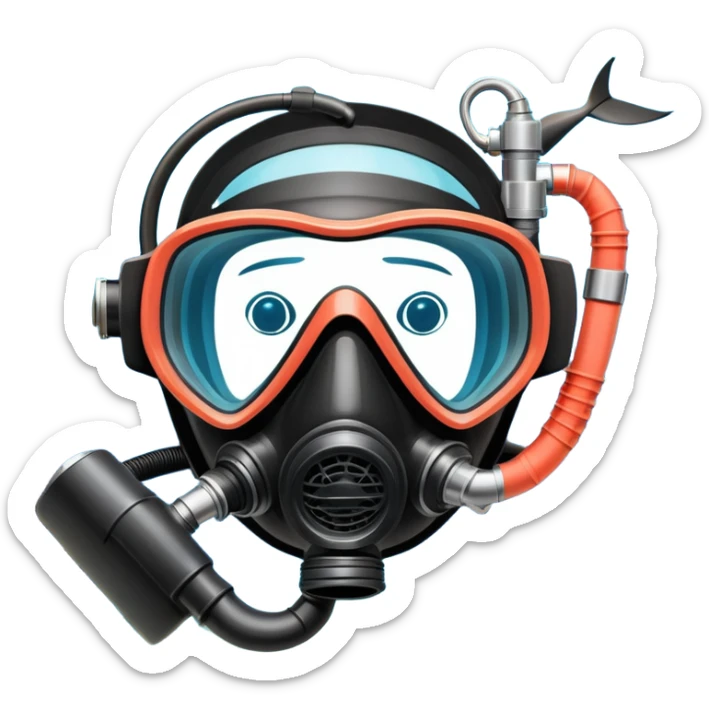 An icon featuring a close-up of a scuba diving mask, fins, and oxygen tank, with vibrant coral reefs and fish in the background. The design emphasizes the equipment and underwater beauty, symbolizing the thrill of exploring the deep sea. Transparent background highlights the serenity of the ocean. sticker