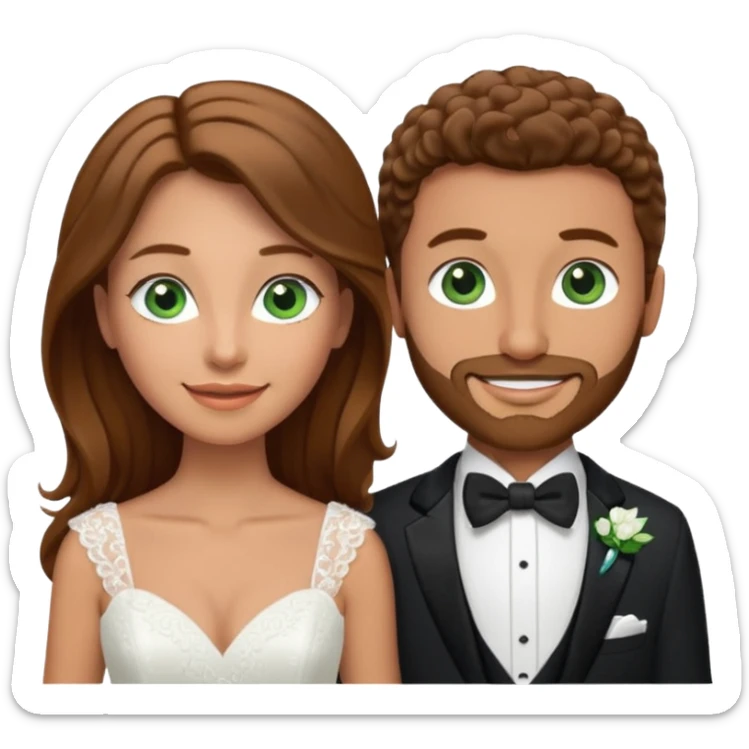 wedding couple woman with long straight brown hair and green eyes man with short light brown curly hair and facial hair with blue eyes sticker