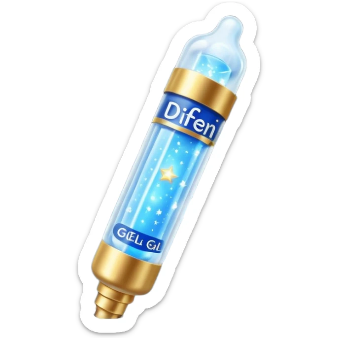 Slim blue Differin Gel tube with white cap and golden glow around the “GEL” label. Floating in a soft blue aura with tiny glowing stars and clear orbs spiraling upward. Emits a focused beam of clarity magic, like a blemish-banishing spell sealed in a sleek, futuristic wand. sticker