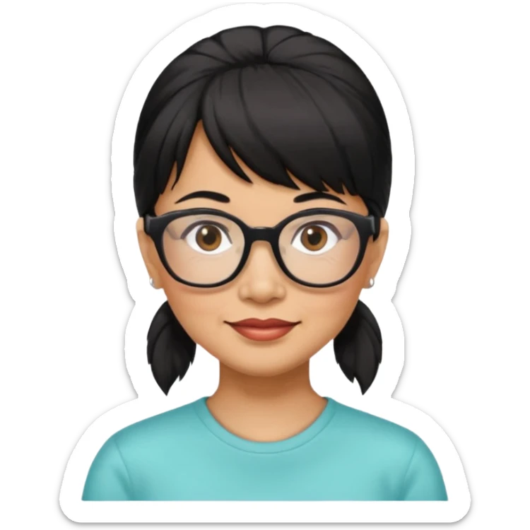 filipino woman black hair in one pony tail with straight bangs and big glasses, 60 yr old

 sticker