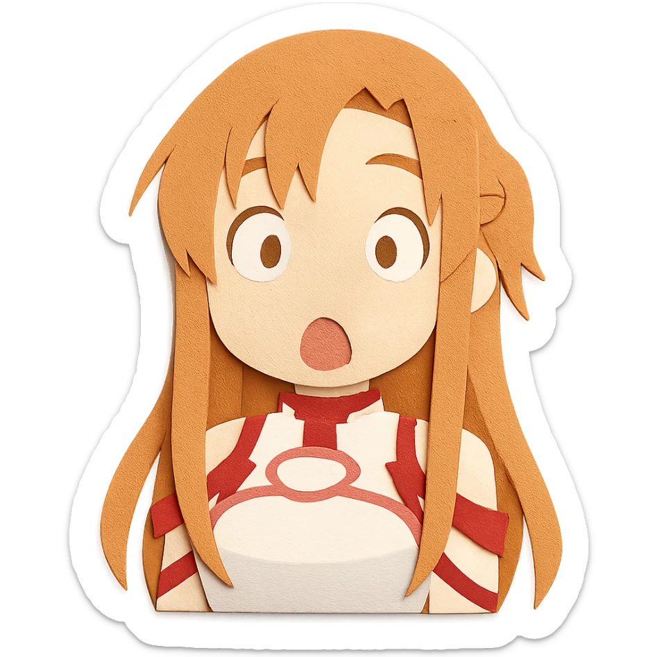 Sticker of Asuna from Sword Art Online in paper cutout style with a surprised expression, inspired by the reference image. sticker