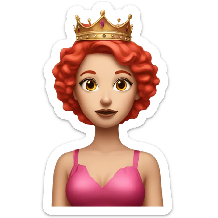 red hair girl with heavy makeup, pink dress, big red hair with crown,girl,  sticker