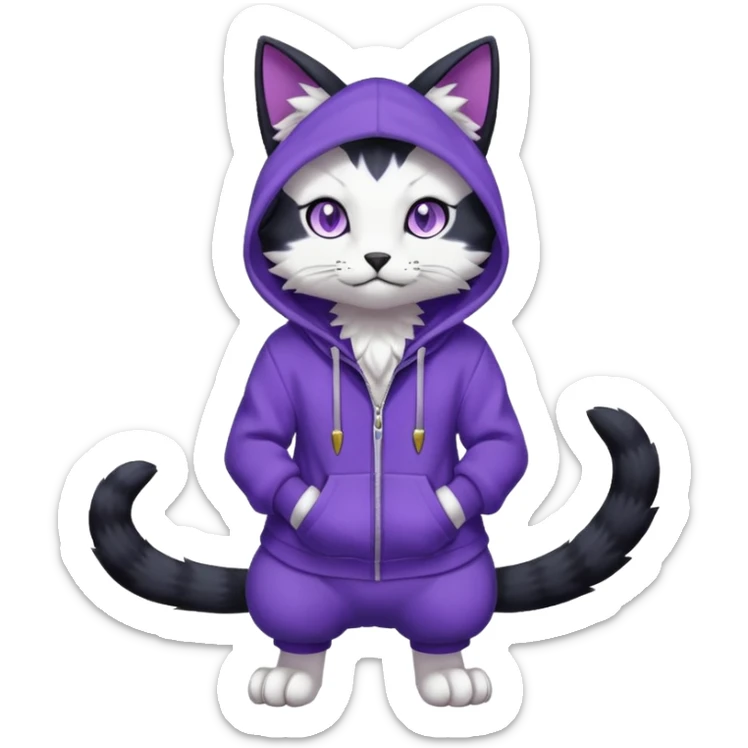 Black cat-garurumon-purloin-feline-Fakemon-Digimon-creature wearing a violet hoodie fursona (full body)  sticker