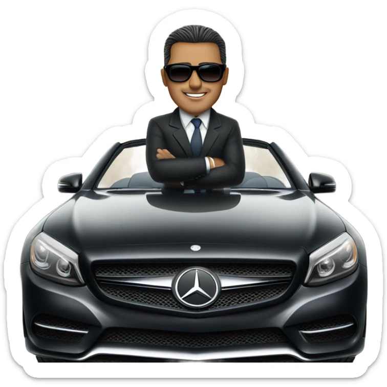 Latino Businessman with sunglasses standing in front of black Mercedes convertible sticker