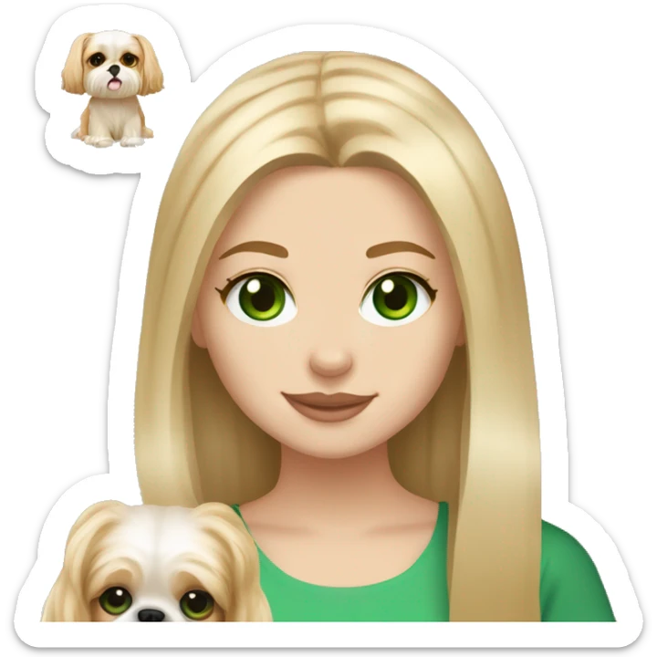 Girl with long blonde hair, freckles on her cheeks, and bright green eyes holding an all beige shih tzu dog  sticker