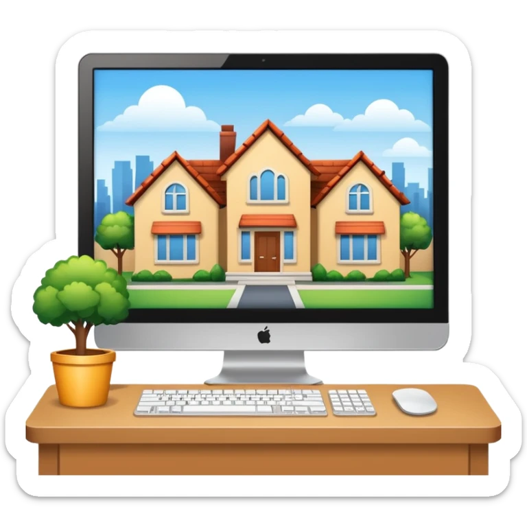 A pc monitor with houses that is for sold or rent in a site sticker