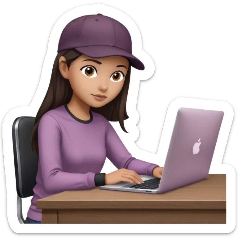 A professional 3D avatar of a young woman with olive skin and long, dark brown hair, wearing a dark, long-sleeved mauve taupe shirt and a black baseball cap. She's sitting at a sleek wooden desk, typing and looking at a silver MacBook.  sticker