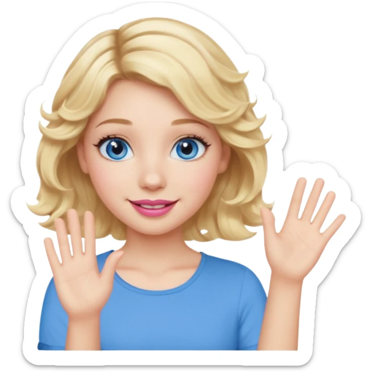 Girl Blonde short wavy hair,  blue eyes, cute blue top, long lashes, pink lips, waving hello  sticker