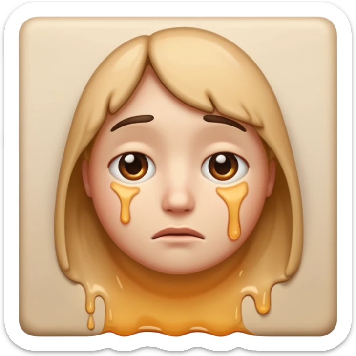 If you are familiar with the Melting Face Emoji, please, generate an emoji with that same face but sad. I don't want the face to be smiling, but sad. Also, the face should be leaning against a wall sticker