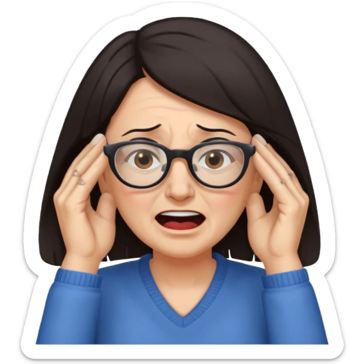 middle aged woman with dark hair and glasses covering her ears, wincing in pain because the sound is terribly loud and hurting her ears sticker