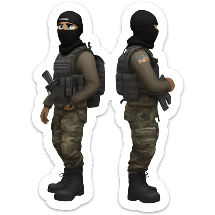 White male, call of duty black mask, camo tactical gear, combat boots, black beanie, blue eyes sticker
