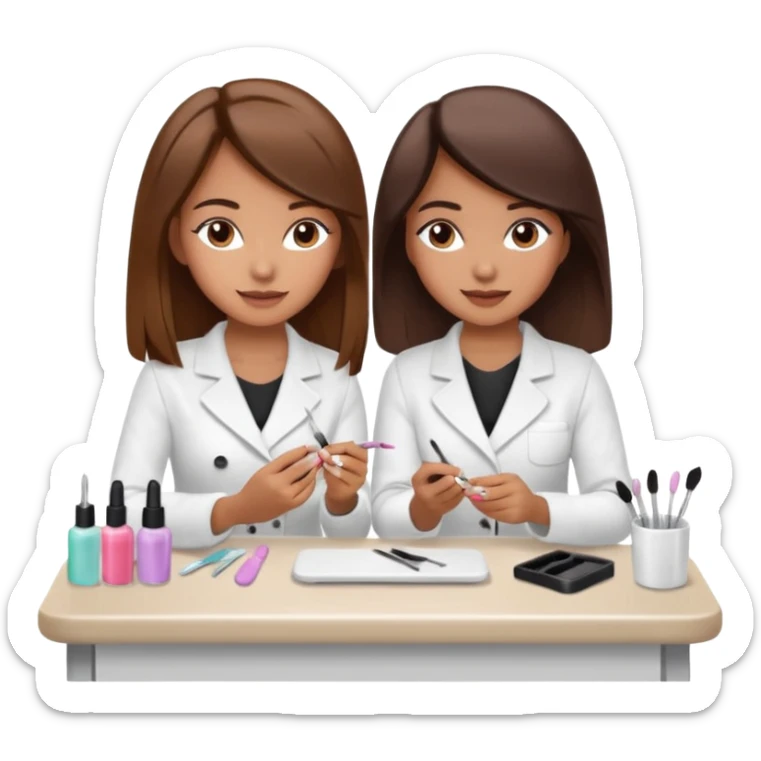 A realistic illustration of a girl with medium-length thick brown hair sitting at a manicure table. Another girl is carefully doing her nails, using professional manicure tools. Soft natural lighting, clean salon environment, detailed hands and nail work, warm and pleasant atmosphere. sticker
