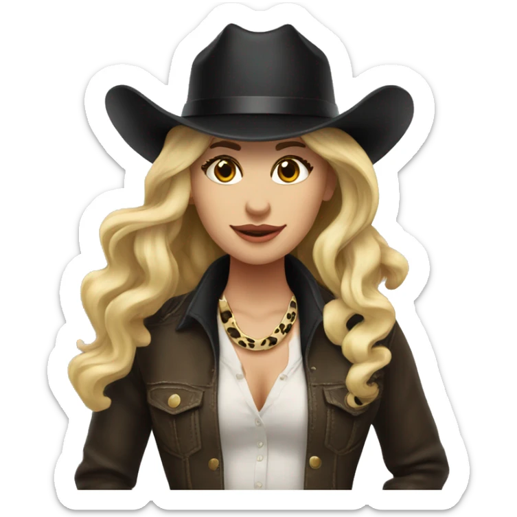 Cowgirl in leopard boots with black hat and blonde long hair sticker
