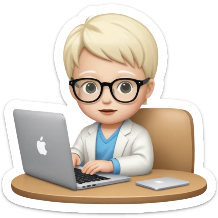 baby white skin bull in fancy glasses sitting in front of a macbook, working  sticker
