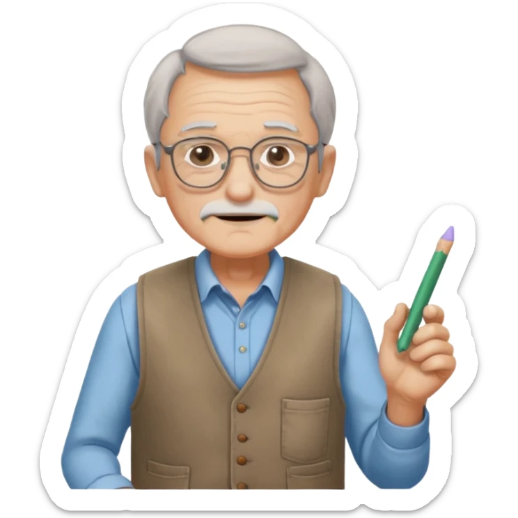 Man teacher: old, wearing vest, wearing glasses, hold chalk on their hand sticker