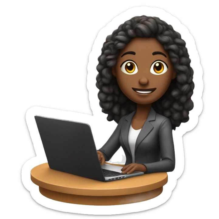 crie uma imagem de uma mulher de cabelos pretos médio,pele morena, em uma mesa com notebook,em formato 3D, que esteja com dúvidas de como iniciar no ramo de social media, sticker