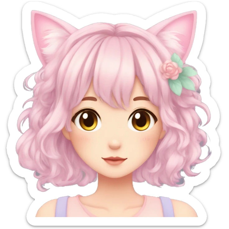 Gorgeous pastel anime girl with blushing face and hair garnitures and pretty hair and cat ears aesthetic trending style sticker